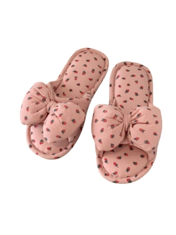 Womens Shoes Cute Strawberry Bow Slippers Linen Slippers Indoor Home Flat Soles Four Seasons Available Fabric Floor Slippers Floor Mute Slippers 6.5-7(38-39)