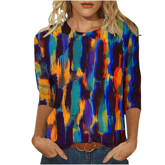 Fesfesfes Womens Short Sleeve Tees Women's Fashion Printed T-shirt Mid-length 3/4 Sleeves Blouse Round Neck Casual Tops Shirt 4(S)