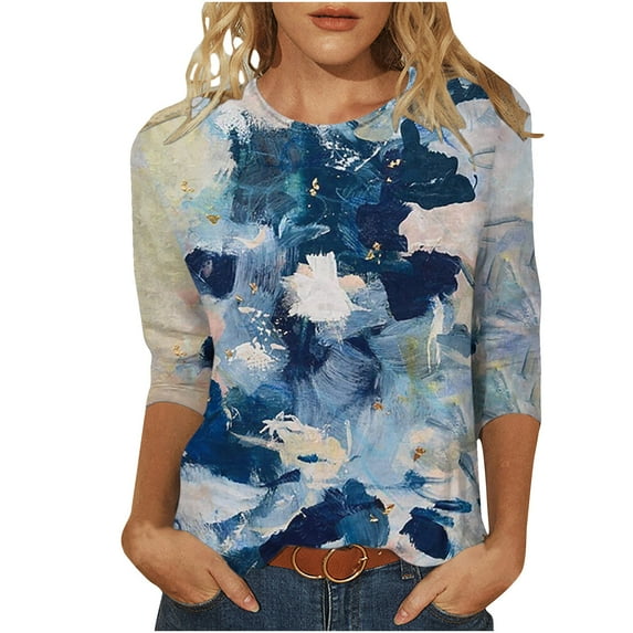 Fesfesfes Womens Short Sleeve Tees Women's Fashion Printed T-shirt Mid-length 3/4 Sleeves Blouse Round Neck Casual Tops Shirt 4(S)