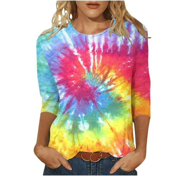 Fesfesfes Womens Short Sleeve Tees Women's Fashion Printed T-shirt Mid-length 3/4 Sleeves Blouse Round Neck Casual Tops Shirt 6(M)