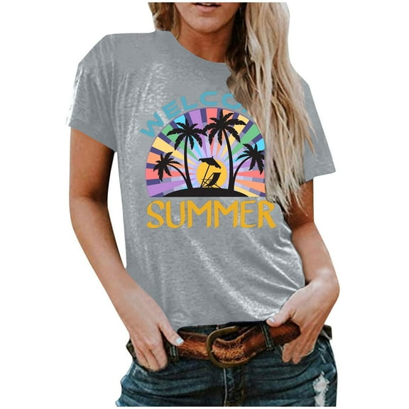 Fesfesfes Womens Short Sleeve Workout Tops Women Summer Regular Print Regular Women Round Neck Short Sleeves Top Tshirts for Women 4(S)