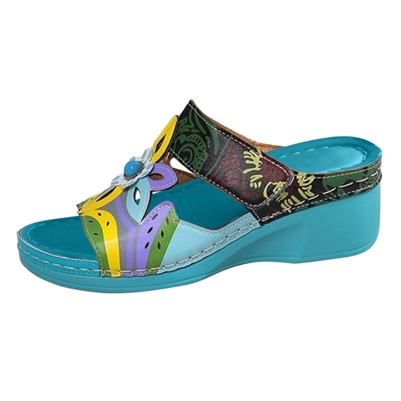 Fesfesfes Womens Slide Sandals Women's New Ethnic Style Slippers Women's Shoes New Summer Colored Wedge Heel Totem Large Slippers Women's Shoes 7(39)