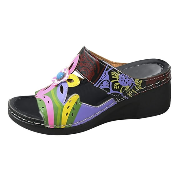 Fesfesfes Womens Slide Sandals Women's New Ethnic Style Slippers Women's Shoes New Summer Colored Wedge Heel Totem Large Slippers Women's Shoes 7(39)