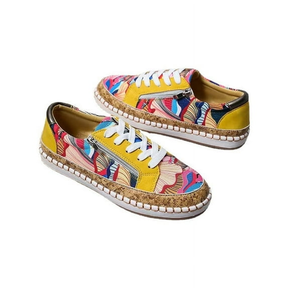 Fesfesfes Womens Sneakers Casual Lace-up Zipper Design Colorful Printed Platform Casual Sneakers US:7(39)