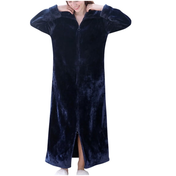 Fesfesfes Womens Solid Color Long Sleeve Solid Cozy Fleece Robe Plush Bathrobe with Pockets Unisex Warm Sleepwear for Maternity Home Loungewear(Navy,L)