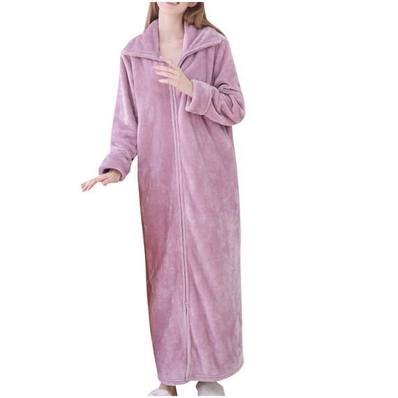 Fesfesfes Womens Solid Color Long Sleeve Solid Cozy Fleece Robe Plush Bathrobe with Pockets Unisex Warm Sleepwear for Maternity Home Loungewear(Purple,L)
