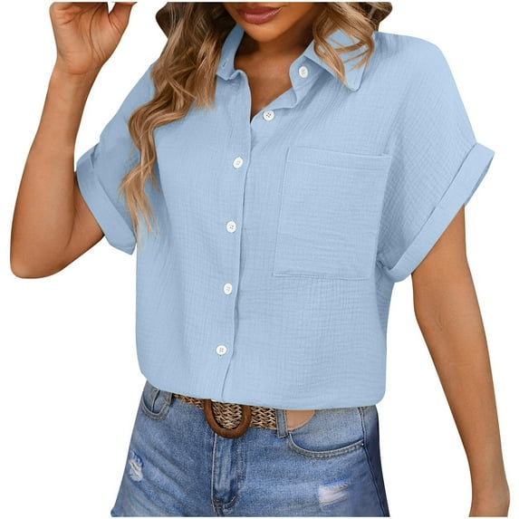 Fesfesfes Womens Summer Tops Women's Loose Short Sleeved Button Pocket Casual Wrinkled Fabric Shirt Basic Tees for Women M(US:6)