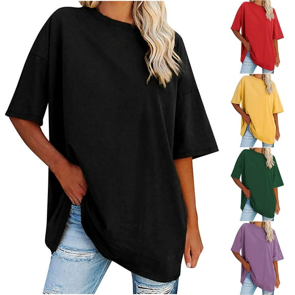Fesfesfes Womens Summer Tops Women's New Solid Loose Half Sleeve Round Neck Cotton Waist Short Sleeve Round Neck Tops Cute Tops for Women 6(M)