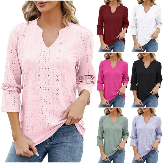 Fesfesfes Womens Summer Tops Women's Summer Casual Blouse Short Sleeve V Neck 3/4 Sleeve Curved Hem Loose Tunic Top T-shirt Blouse T-Shirts for Women XL(US:10)