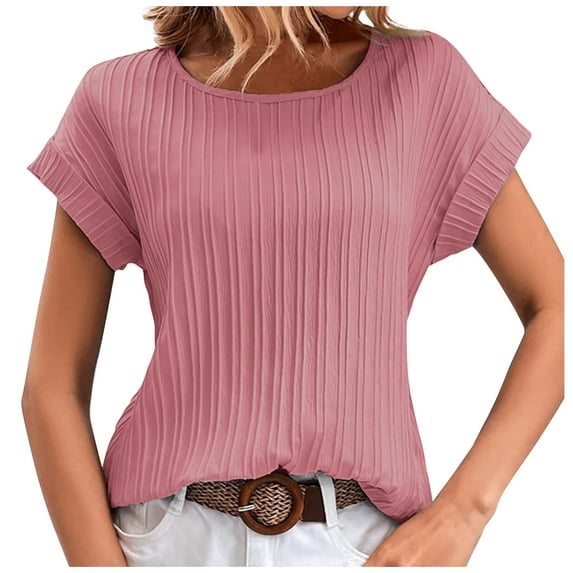 Fesfesfes Womens Summer Tops Women's Summer Color Round Neck Ripple Pattern Temperament Short Sleeve Women's T-Shirts 8(L)