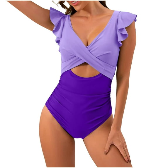 Fesfesfes Womens Swimsuit Sports Swimwear Color Block Ruffled Swimwear One-pieces Beachwear Surfing Suit