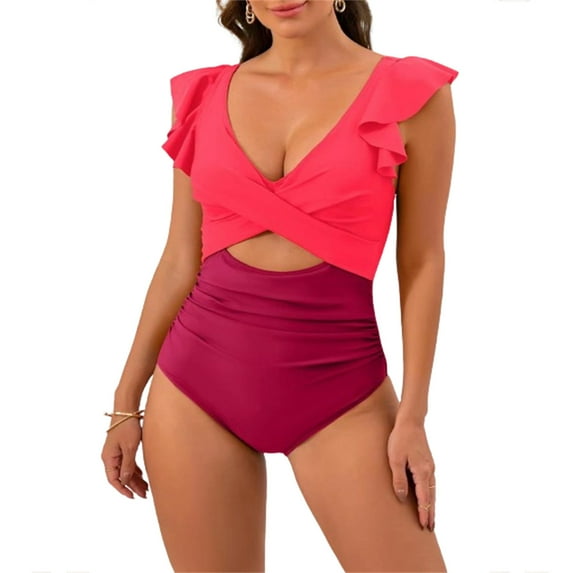 Fesfesfes Womens Swimsuit Sports Swimwear Color Block Ruffled Swimwear One-pieces Beachwear Surfing Suit