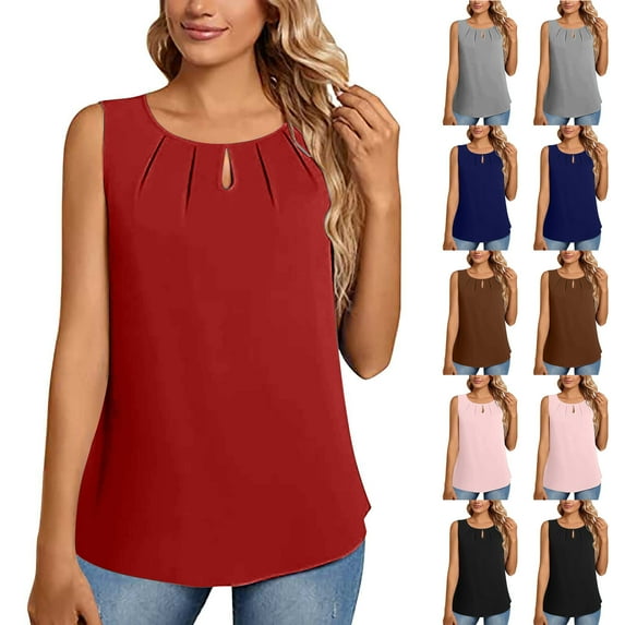 Fesfesfes Womens T Shirt Fashion Women Causal Round Neck Solid Color Blouse Sleeveless Elegant T-Shirt Summer Tank Tops T Shirts for Women Loose Fit 6(M)