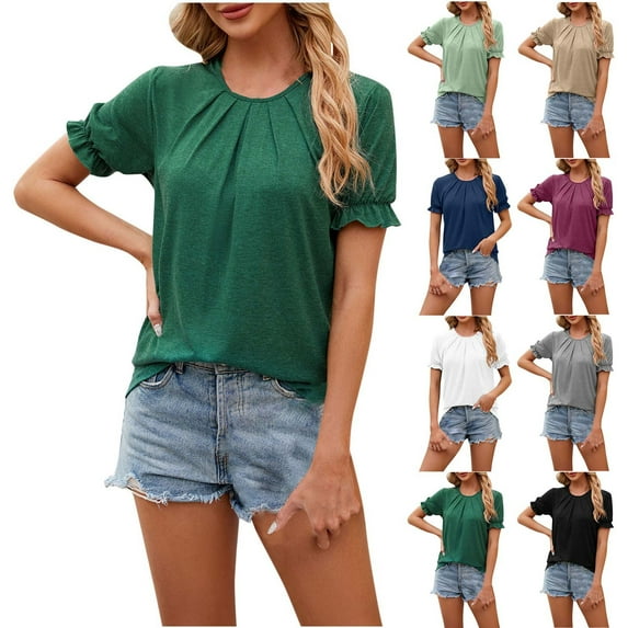 Fesfesfes Womens T Shirt Women's Fashion Casual Solid Color Short Sleeve Round-Neck Blouses Shirts Short Sleeve Shirt 2XL(US:12)