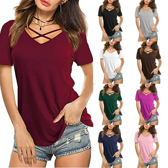Fesfesfes Womens T Shirts Casual Women Casual Short Sleeve Flared Sleeves V-Neck Solid Loose T-Shirt Blouse Tops Women's Tops XL(US:10)