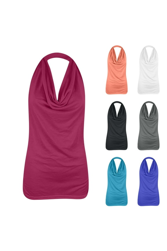 Womens T Shirts Casual Women Fashion Solid Color V-Neck Halter Sleeveless T-Shirt Blouse Tops Women Shirts XL(US:10)