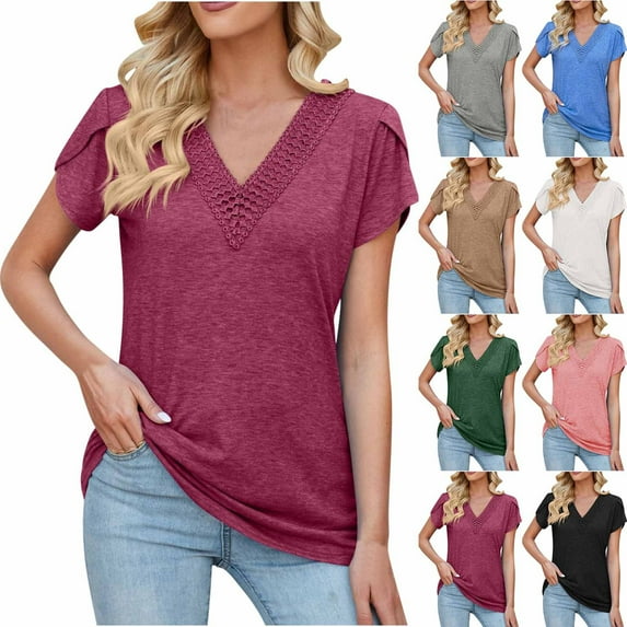 Fesfesfes Womens T Shirts Casual Women's Casual V-Neck Sleeve Patchwork Solid Color Loose T-Shirt Top Womens Fitted Tshirts L(US:8)