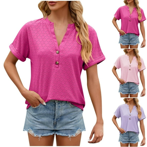 Fesfesfes Womens T-Shirts Fashion Casual Women's Solid Short Sleeve V-neck Button T-shrit Top Blouse Women's Tops XL(US:10)