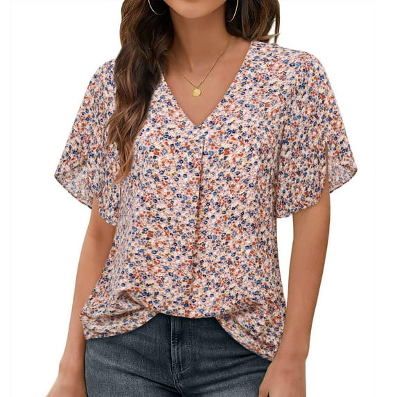 Fesfesfes Womens T Shirts Graphic Women Summer Fashion Casual Short Sleeve V-Neck Floral Printed Blouse V Neck Tshirt Women 4(S)