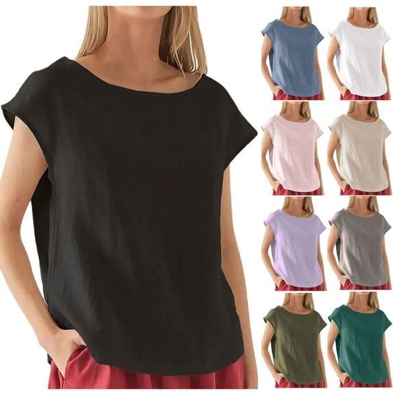 Fesfesfes Womens T Shirts Short Sleeve Women's Summer Fashion Cropped Sleeves Lapel V-Neck Cotton Line Loose Shirt Blouse V Neck Tops for Women 4(S)