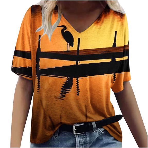 Fesfesfes Womens T Shirts Short Sleeve Womens Spring And Summer Casual V-Neck T-shirt Printed Short Sleeved Top Tops for Leggings for Women XL(US:10)