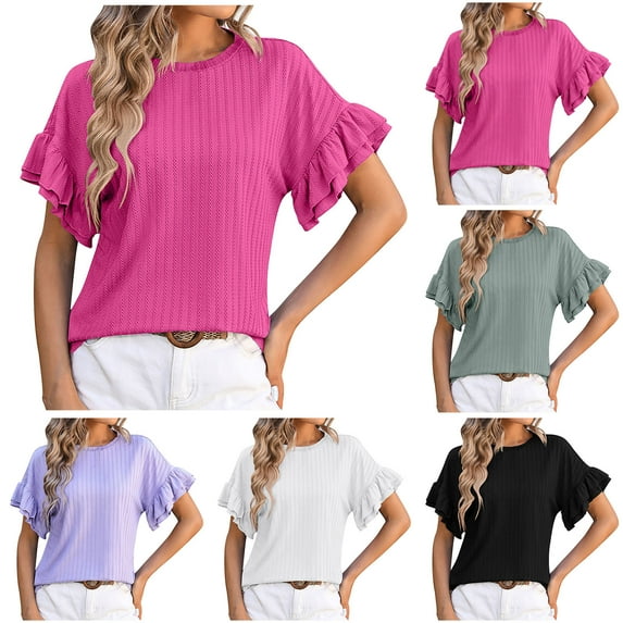 Fesfesfes Womens T Shirts Women's Fashionable Round Neck Lace Short Sleeved Casual Solid Color T-shirt Top Womens Tops Dressy Casual M(US:6)