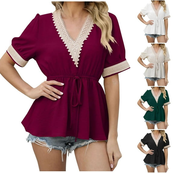 Fesfesfes Womens T Shirts Womens Fashion Short Sleeve V-Neck Loose Tops Blouse Puff Sleeve Prinded Short Shirts for Women L(US:8)
