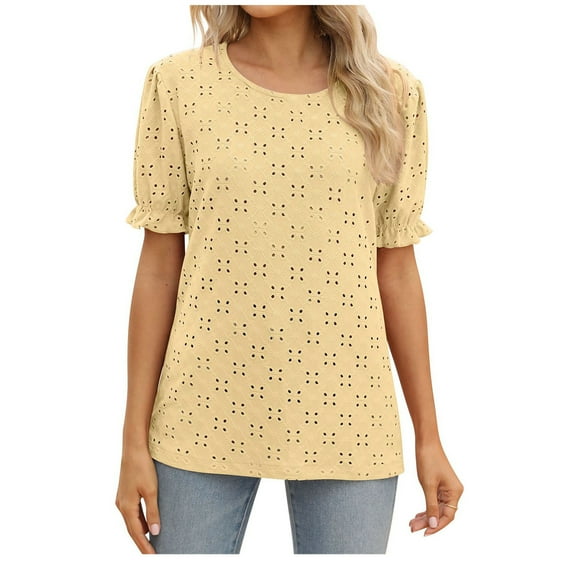 Fesfesfes Womens Tanks Fashion Womens Summer Round-Neck Solid Short Sleeve Top Blouse Women Short Sleeve Shirt L(US:8)