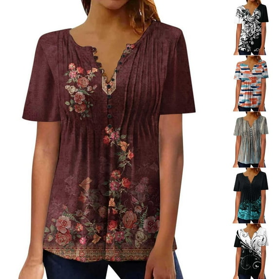 Fesfesfes Womens Tanks Women Fashion Casual Print V Neck Loose Short Sleeve T-shirt Top Blouse Pullover Tshirts Shirts for Women Graphic S(US:4)