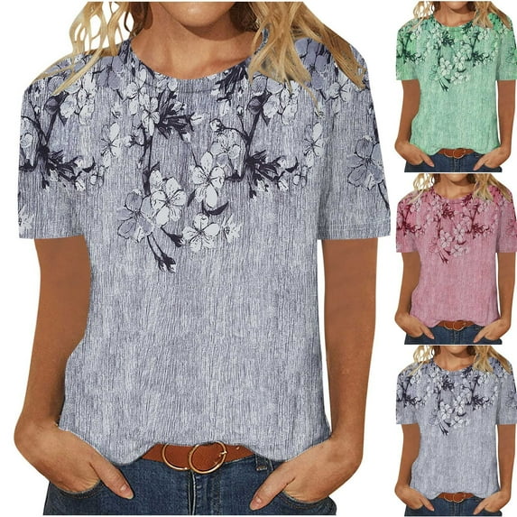 Fesfesfes Womens Tanks Women's Printed Round Neck Short Sleeve T-shirt Loose Top Blouses Ladies Tops Women Tshirts M(US:6)