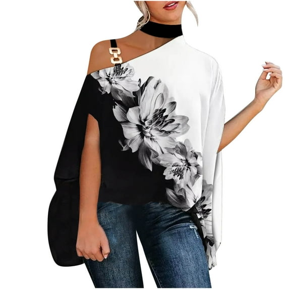 Fesfesfes Womens Tees Women Casual Half Sleeve Halter Neck Off Shoulder Printed And Solid Loose Pullover Blouse Tops Womens Work Shirts XL(US:10)