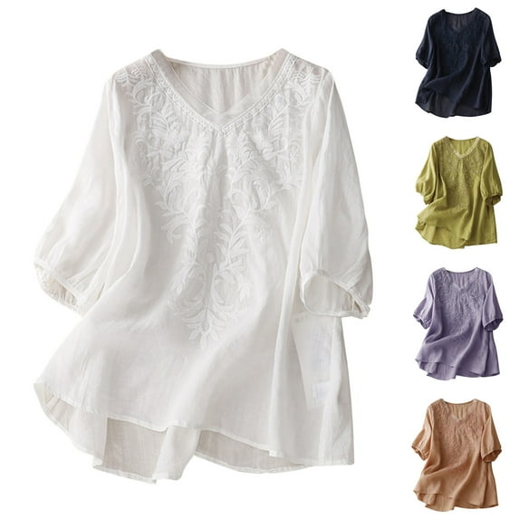 Fesfesfes Womens Tops Casual Women's Embroidered Cotton And Linen Top Literary Sense Small Shirt Short Sleeve V-Neck Top/Shirt Womens Plaid T Shirt 6(M)