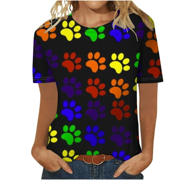 Fesfesfes Womens Tops Women Fashion Casual Printed Short Sleeve Round-Neck Pullover Blouse T-shirt Tops Tunic Tops 2XL(US:12)