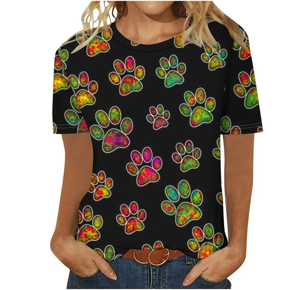 Fesfesfes Womens Tops Women Fashion Casual Printed Short Sleeve Round-Neck Pullover Blouse T-shirt Tops Tunic Tops S(US:4)