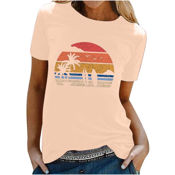 Fesfesfes Womens Tops Women Fashion Short Sleeve Round Neck Printing Casual Blouse T-Shirt Tops Shirt Womens Fashion 2024 6(M)
