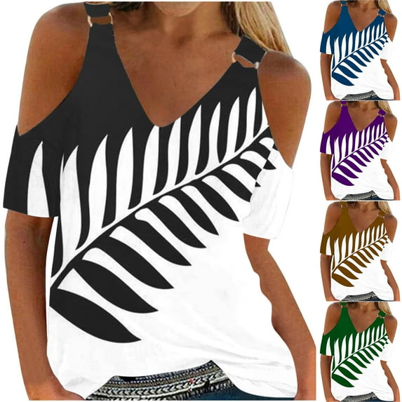 Fesfesfes Womens Tops Women V-neck Loose And Comfortable T-shirt Casual Off Shoulder Womens Tops Casual S(US:4)