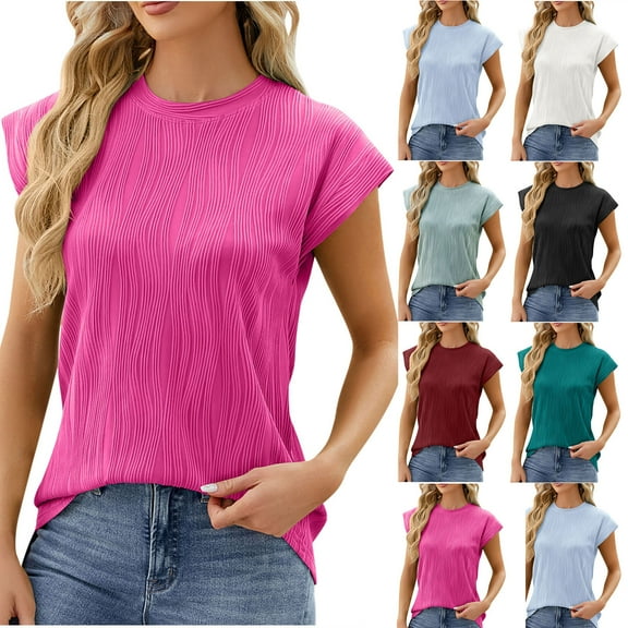 Fesfesfes Womens Tops Women's Fashion Solid Round Neck Short Sleeves Casual T-Shirt Top Short Sleeve Tops for Women 2XL(US:12)