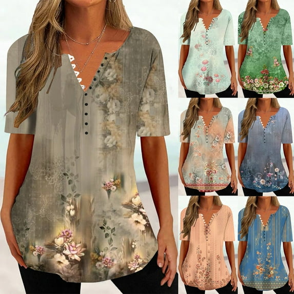 Fesfesfes Womens Tops Women's Fashion V-neck Print Casual Loose Short Sleeve Top Short Sleeve V-neck Top/Shirt Going Out Top S(US:4)