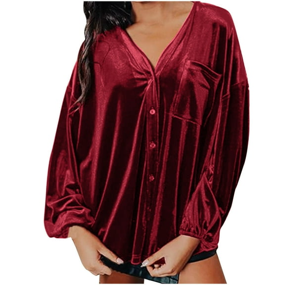 Fesfesfes Womens Tops Women's Gold Velvet Solid Color Long Sleeved V-Neck Button Pleated Shirt Top Tee S(US:4)