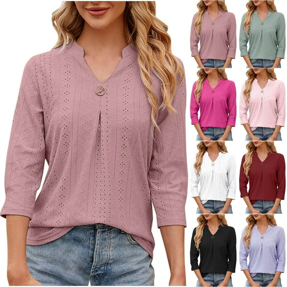 Fesfesfes Womens Tops Women's Summer Casual Blouse Short Sleeve V Neck 3/4 Sleeve Curved Hem Loose Tunic Top T-shirt Blouse Womens Short Sleeve Tops 2XL(US:12)