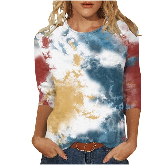 Fesfesfes Womens Tops Womens Fashion Printed T-shirt Mid-length 3/4 Sleeves Blouse Round Neck Casual Tops Womens Fashion M(US:6)