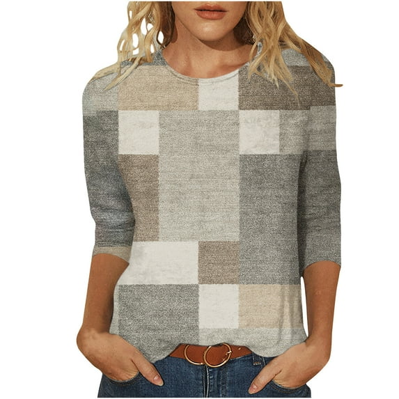 Fesfesfes Womens Tops Womens Fashion Printed T-shirt Mid-length 3/4 Sleeves Blouse Round Neck Casual Tops Womens Fashion S(US:4)