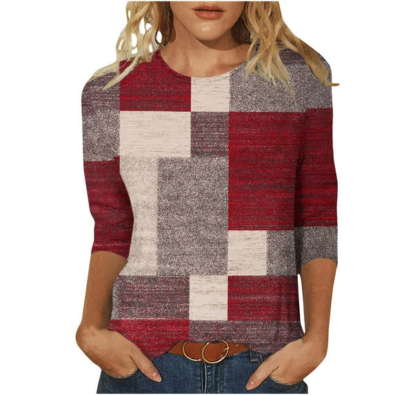 Fesfesfes Womens Tops Womens Fashion Printed T-shirt Mid-length 3/4 Sleeves Blouse Round Neck Casual Tops Womens Fashion 2XL(US:12)