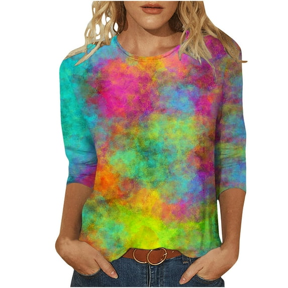 Fesfesfes Womens Tops Womens Fashion Printed T-shirt Mid-length 3/4 Sleeves Blouse Round Neck Casual Tops Womens Fashion S(US:4)