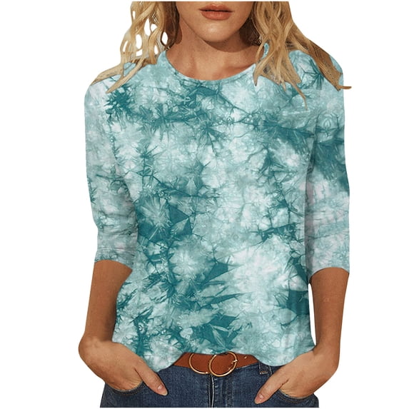 Fesfesfes Womens Tops Womens Fashion Printed T-shirt Mid-length 3/4 Sleeves Blouse Round Neck Casual Tops Womens Fashion S(US:4)