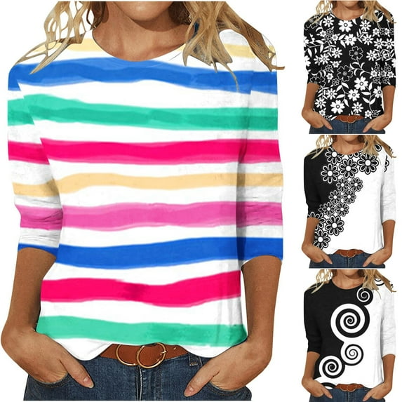 Fesfesfes Womens Tops Womens Fashion Three Quarter Sleeve Retro Round Neck Easter Printed Loose Tops Blouse Sleeveless Mock Turtleneck Women XS(US:2)