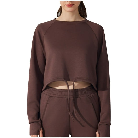 Fesfesfes Womens Trendy Tee Fall Solid Color Classic Round Neck Slim Long Sleeved Yoga Suit T-Shirt Tops Loose Comfy Lightweight Tops(Coffee,XL)