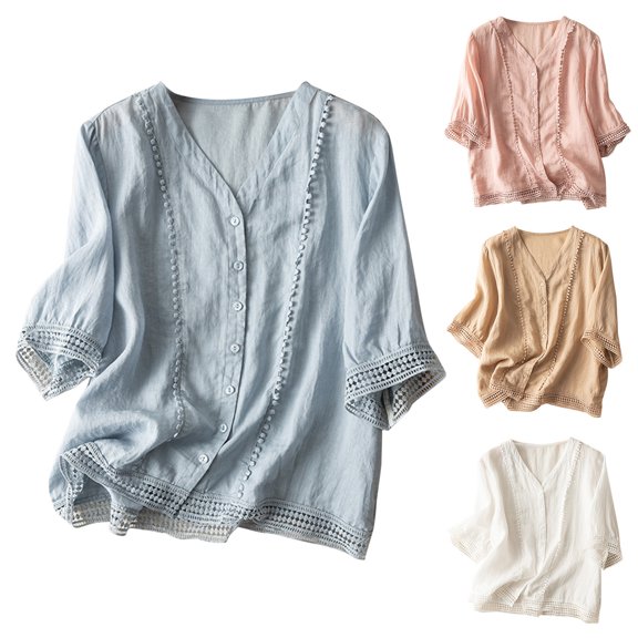 Fesfesfes Womens Tshirt Ladies Fashion Color Crochet Flower Half Sleeve Cotton Linen Casual Loose Shirt Short Sleeve T Shirts for Women 2XL(US:12)