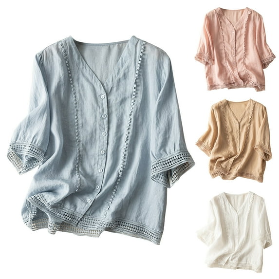 Fesfesfes Womens Tshirt Ladies Fashion Color Crochet Flower Half Sleeve Cotton Linen Casual Loose Shirt Short Sleeve T Shirts for Women M(US:6)