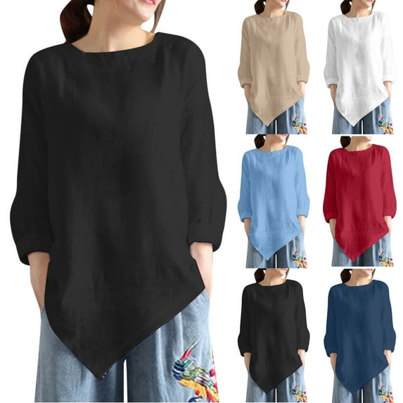 Fesfesfes Womens Tshirts Spring And Summer Round Neck Tops Loose Long Sleeve Shirts Solid Color Casual Linen Shirts L(US:8)